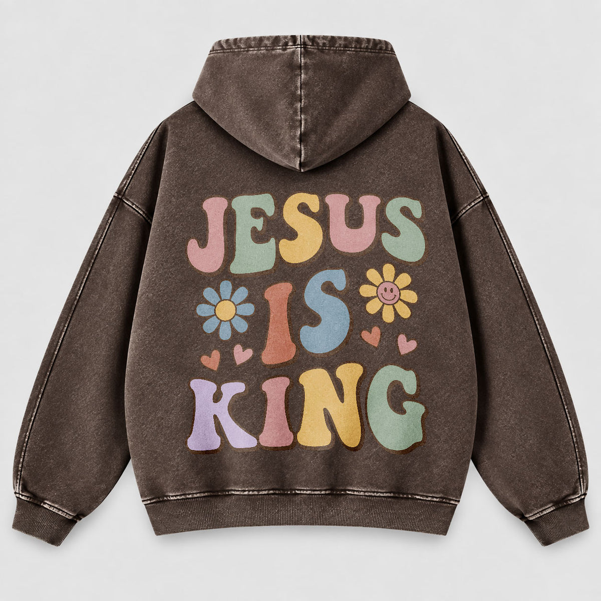 Jesus Is King Washed Hoodie – Retro Groovy Pastel Daisy Christian Hoodie