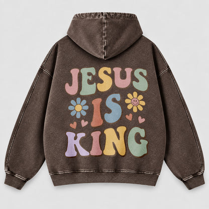 Jesus Is King Washed Hoodie – Retro Groovy Pastel Daisy Christian Hoodie