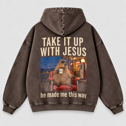 Take It Up With Jesus Hoodie – Funny Capybara Christian Washed Hoodie