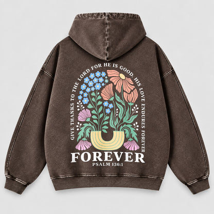 His Love Endures Forever Washed Hoodie – Boho Wildflower Christian Hoodie