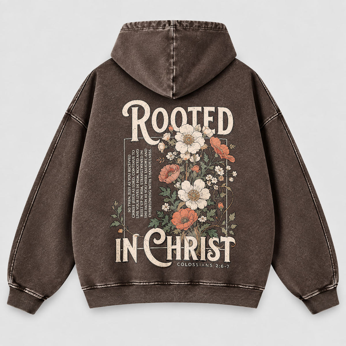 Rooted in Christ Washed Hoodie – Vintage Floral Bible Verse Christian Hoodie