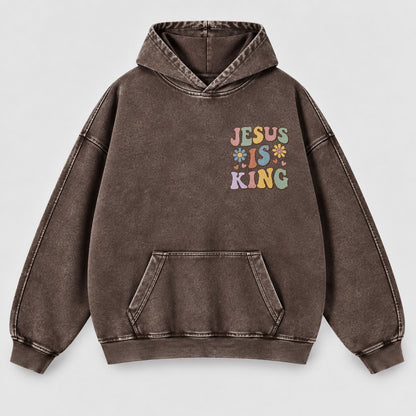 Jesus Is King Washed Hoodie – Retro Groovy Pastel Daisy Christian Hoodie