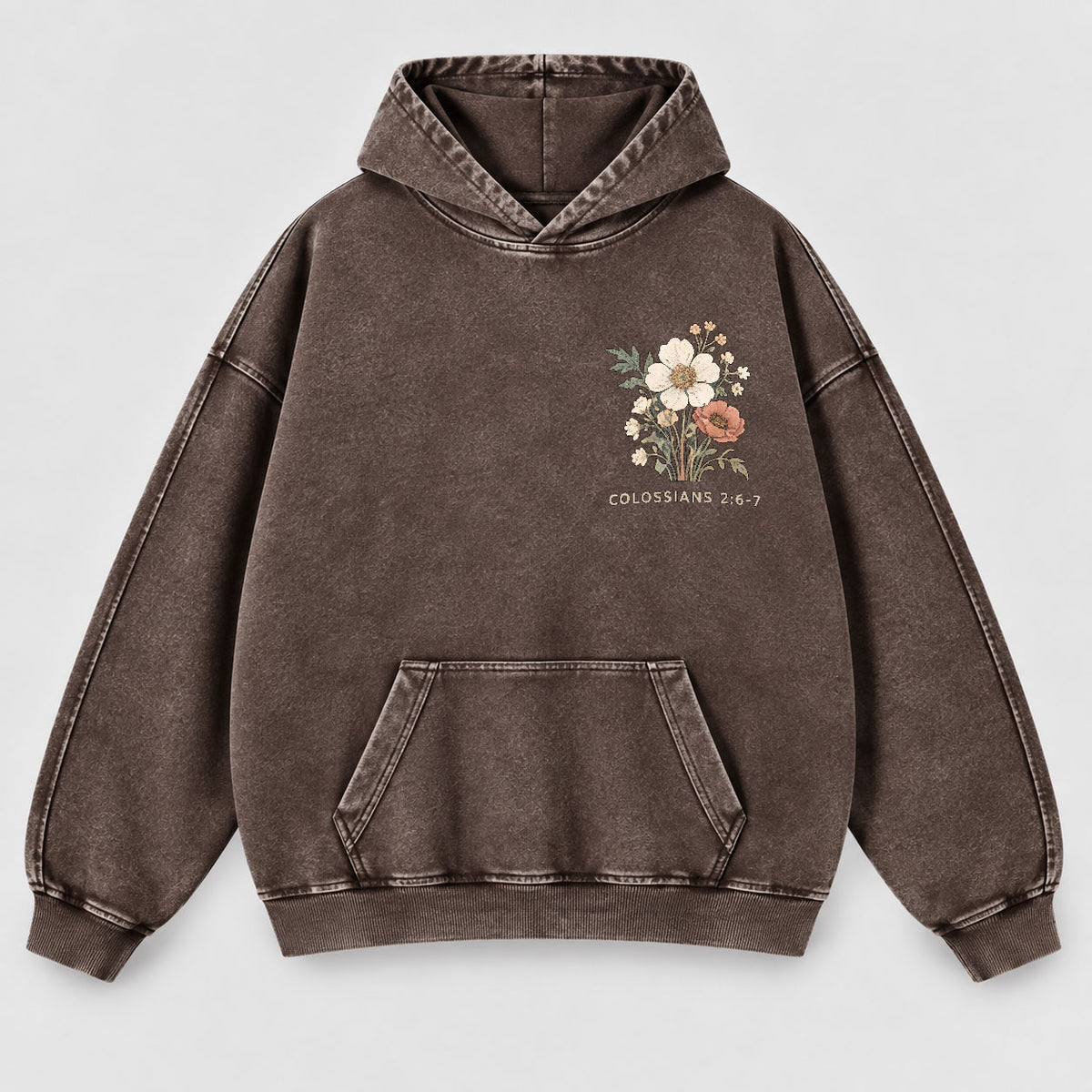Rooted in Christ Washed Hoodie – Vintage Floral Bible Verse Christian Hoodie