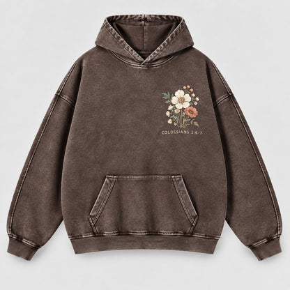 Rooted in Christ Washed Hoodie – Vintage Floral Bible Verse Christian Hoodie