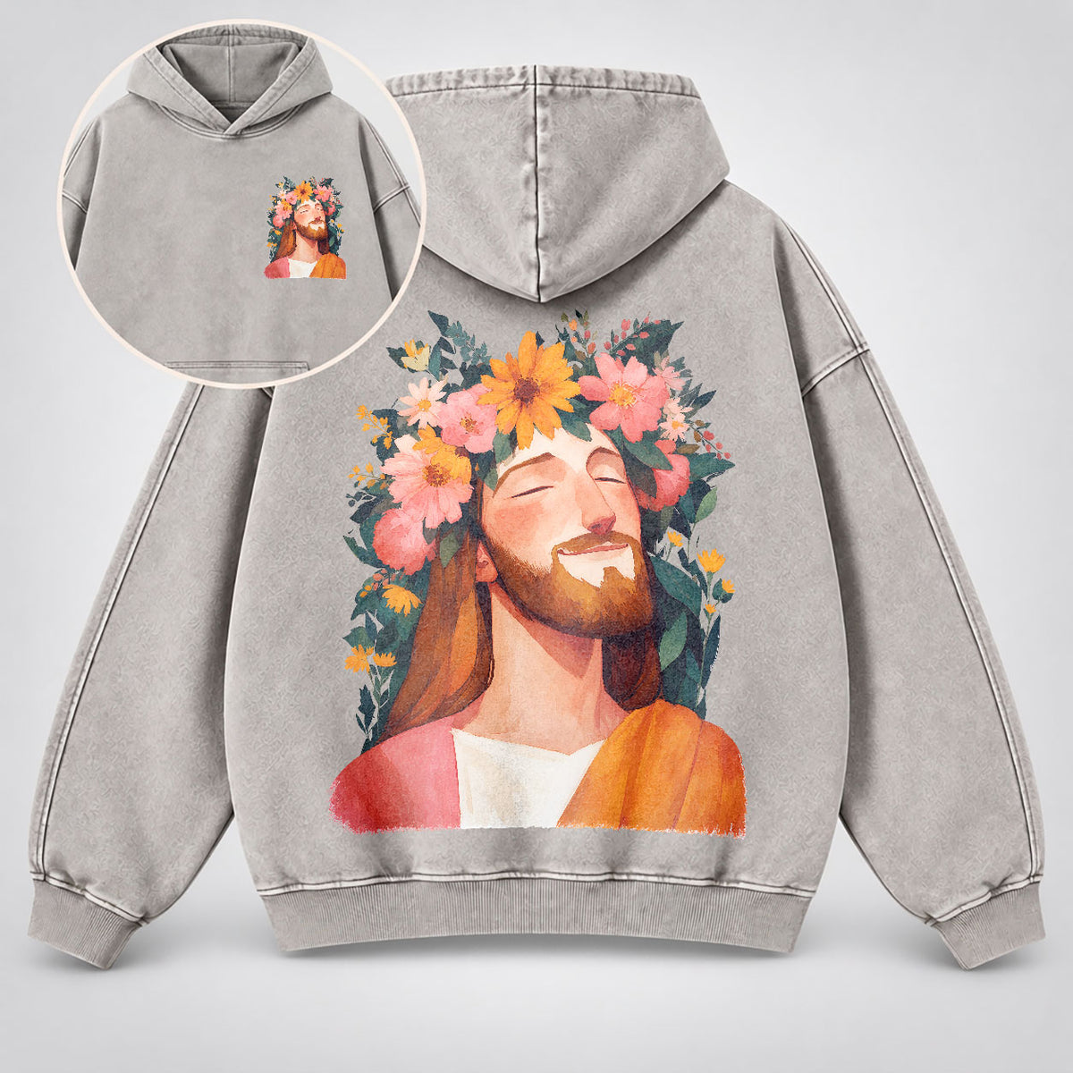 Jesus Floral Crown Washed Hoodie – Watercolor Christian Faith Hoodie