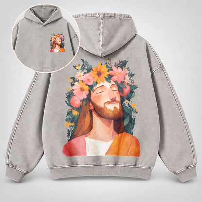 Jesus Floral Crown Washed Hoodie – Watercolor Christian Faith Hoodie