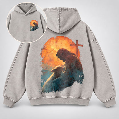 Jesus Good Shepherd Washed Hoodie – Lamb & Cross Christian Hoodie