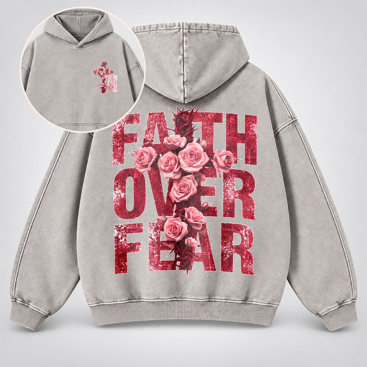 Faith Over Fear Washed Hoodie - Roses & Crown of Thorns Vintage Christian Hoodie