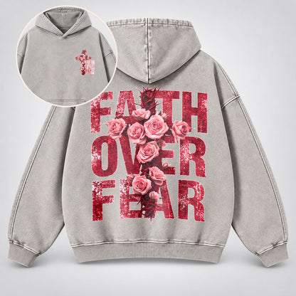 Faith Over Fear Washed Hoodie - Roses & Crown of Thorns Vintage Christian Hoodie