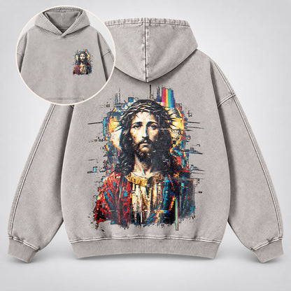 Jesus Glitch Art Washed Hoodie