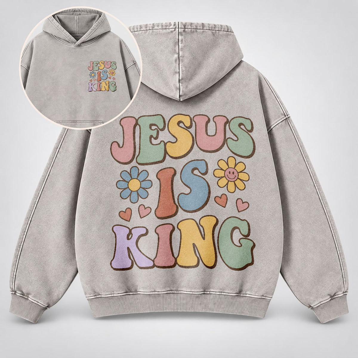 Jesus Is King Washed Hoodie – Retro Groovy Pastel Daisy Christian Hoodie
