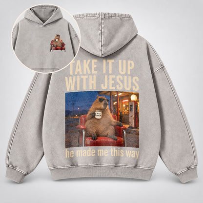 Take It Up With Jesus Hoodie – Funny Capybara Christian Washed Hoodie