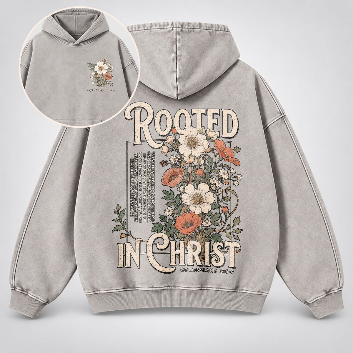 Rooted in Christ Washed Hoodie – Vintage Floral Bible Verse Christian Hoodie