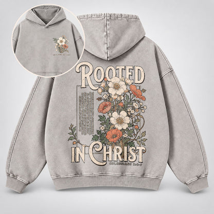 Rooted in Christ Washed Hoodie – Vintage Floral Bible Verse Christian Hoodie