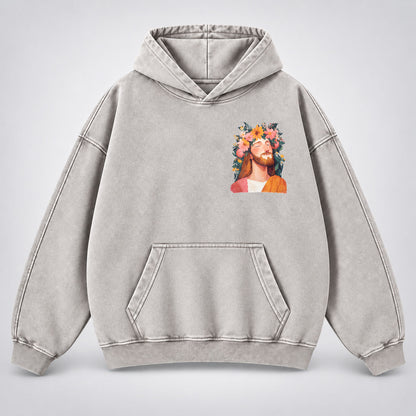 Jesus Floral Crown Washed Hoodie – Watercolor Christian Faith Hoodie