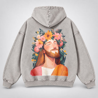 Jesus Floral Crown Washed Hoodie – Watercolor Christian Faith Hoodie
