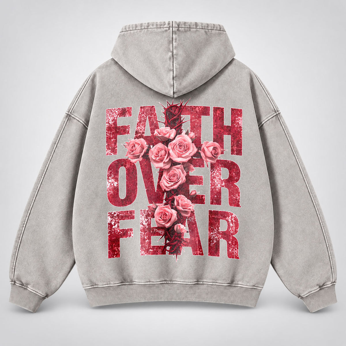 Faith Over Fear Washed Hoodie - Roses & Crown of Thorns Vintage Christian Hoodie