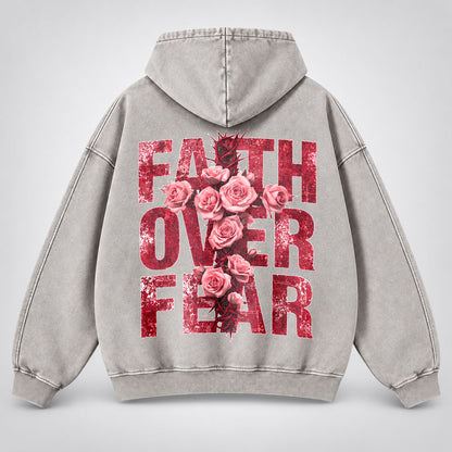 Faith Over Fear Washed Hoodie - Roses & Crown of Thorns Vintage Christian Hoodie