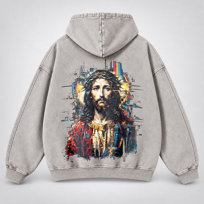 Jesus Glitch Art Washed Hoodie