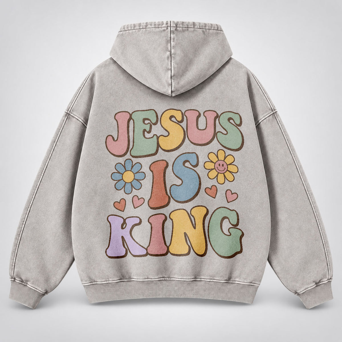 Jesus Is King Washed Hoodie – Retro Groovy Pastel Daisy Christian Hoodie