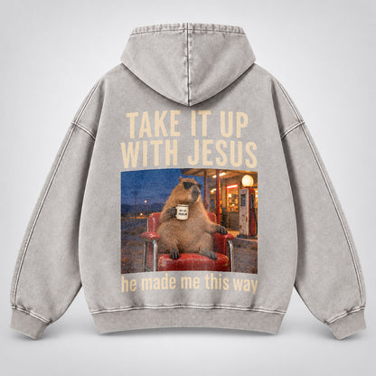 Take It Up With Jesus Hoodie – Funny Capybara Christian Washed Hoodie