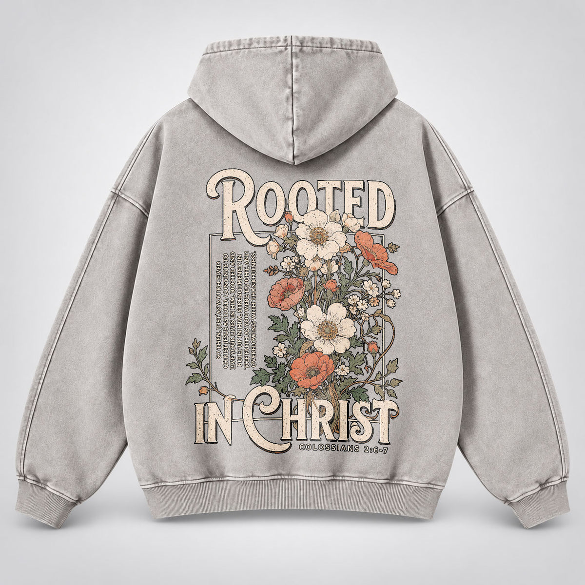 Rooted in Christ Washed Hoodie – Vintage Floral Bible Verse Christian Hoodie
