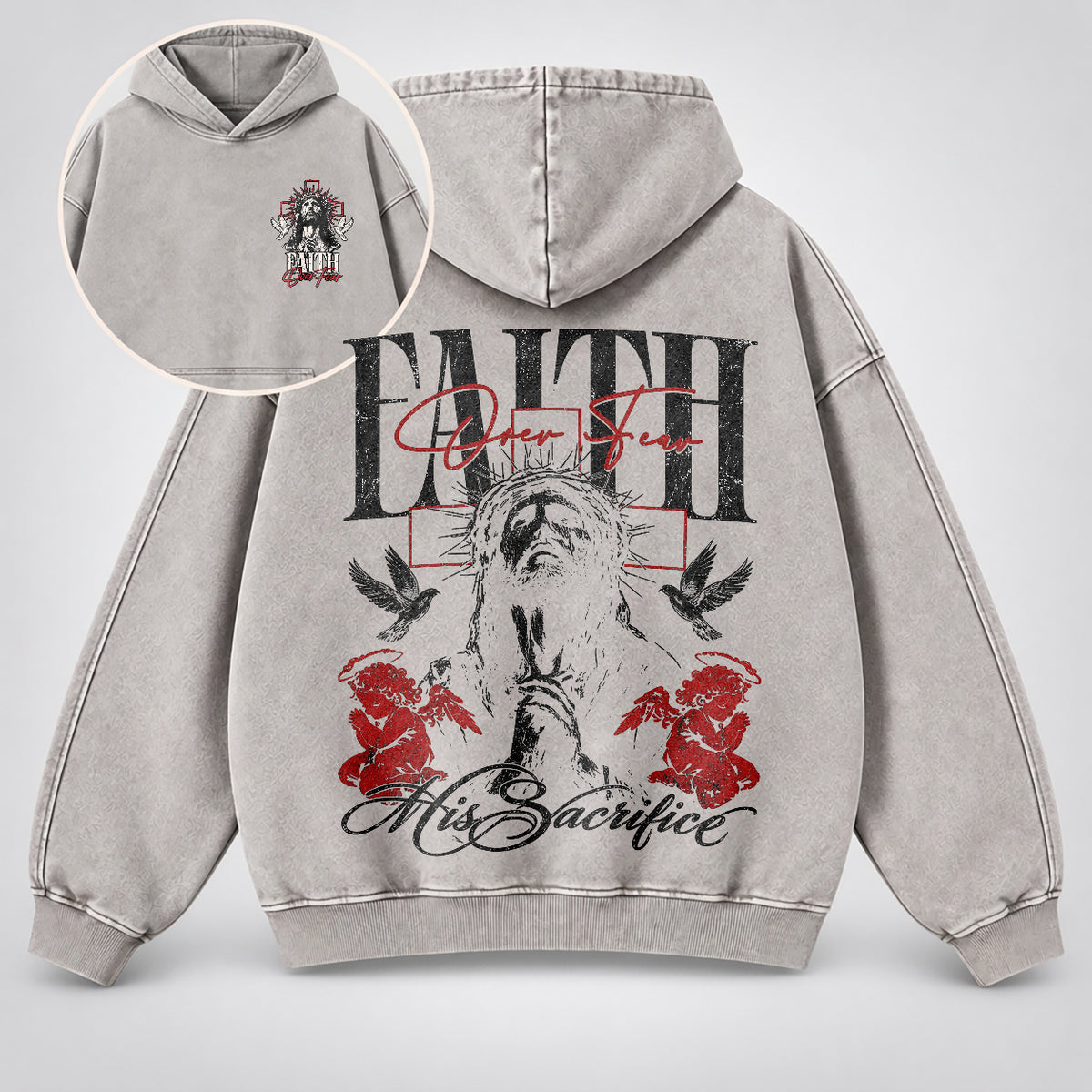 Faith Over Fear Washed Hoodie – Vintage Bootleg Jesus Christian Streetwear Hoodie