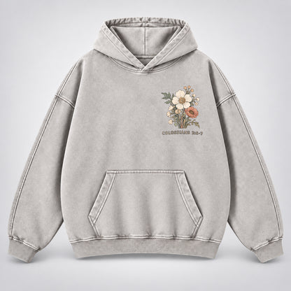 Rooted in Christ Washed Hoodie – Vintage Floral Bible Verse Christian Hoodie