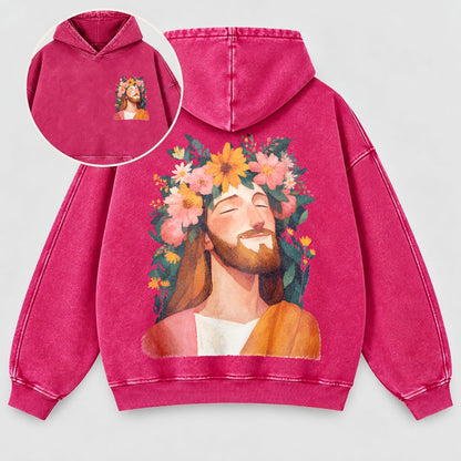 Jesus Floral Crown Washed Hoodie – Watercolor Christian Faith Hoodie
