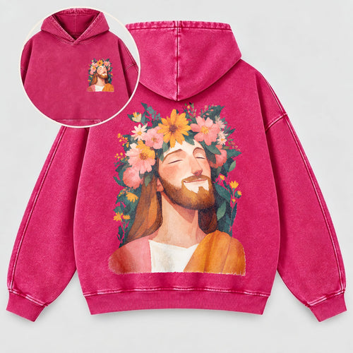 Jesus Floral Crown Washed Hoodie – Watercolor Christian Faith Hoodie