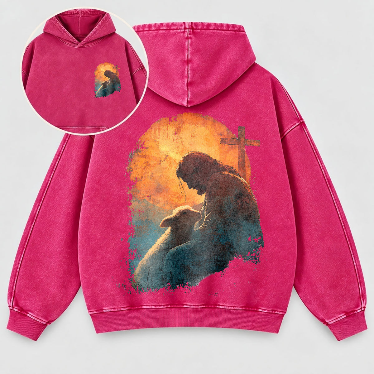 Jesus Good Shepherd Washed Hoodie – Lamb & Cross Christian Hoodie