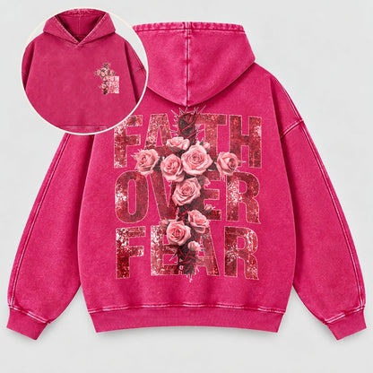 Faith Over Fear Washed Hoodie - Roses & Crown of Thorns Vintage Christian Hoodie