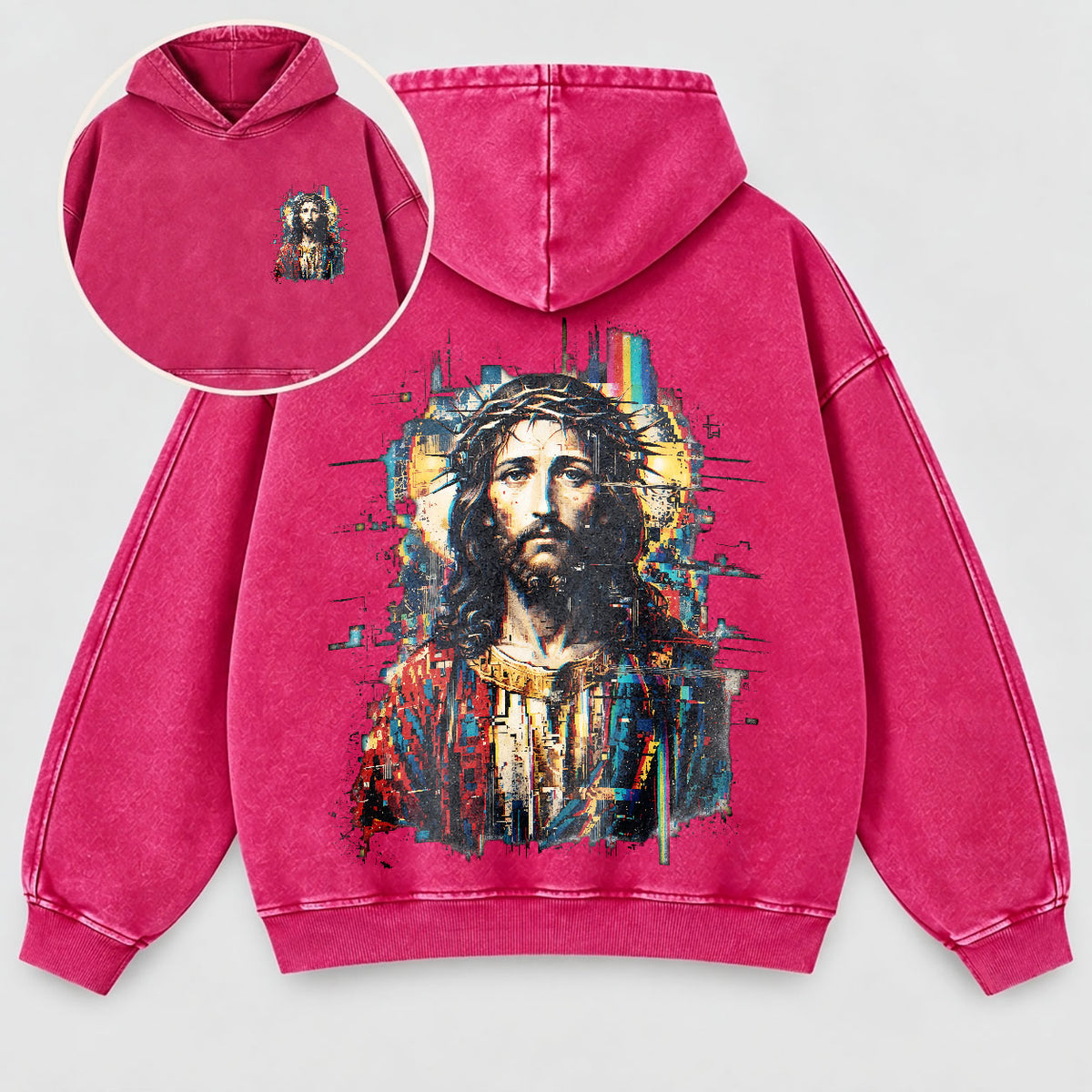 Jesus Glitch Art Washed Hoodie
