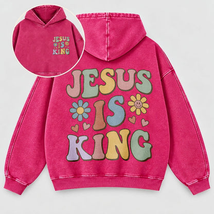 Jesus Is King Washed Hoodie – Retro Groovy Pastel Daisy Christian Hoodie