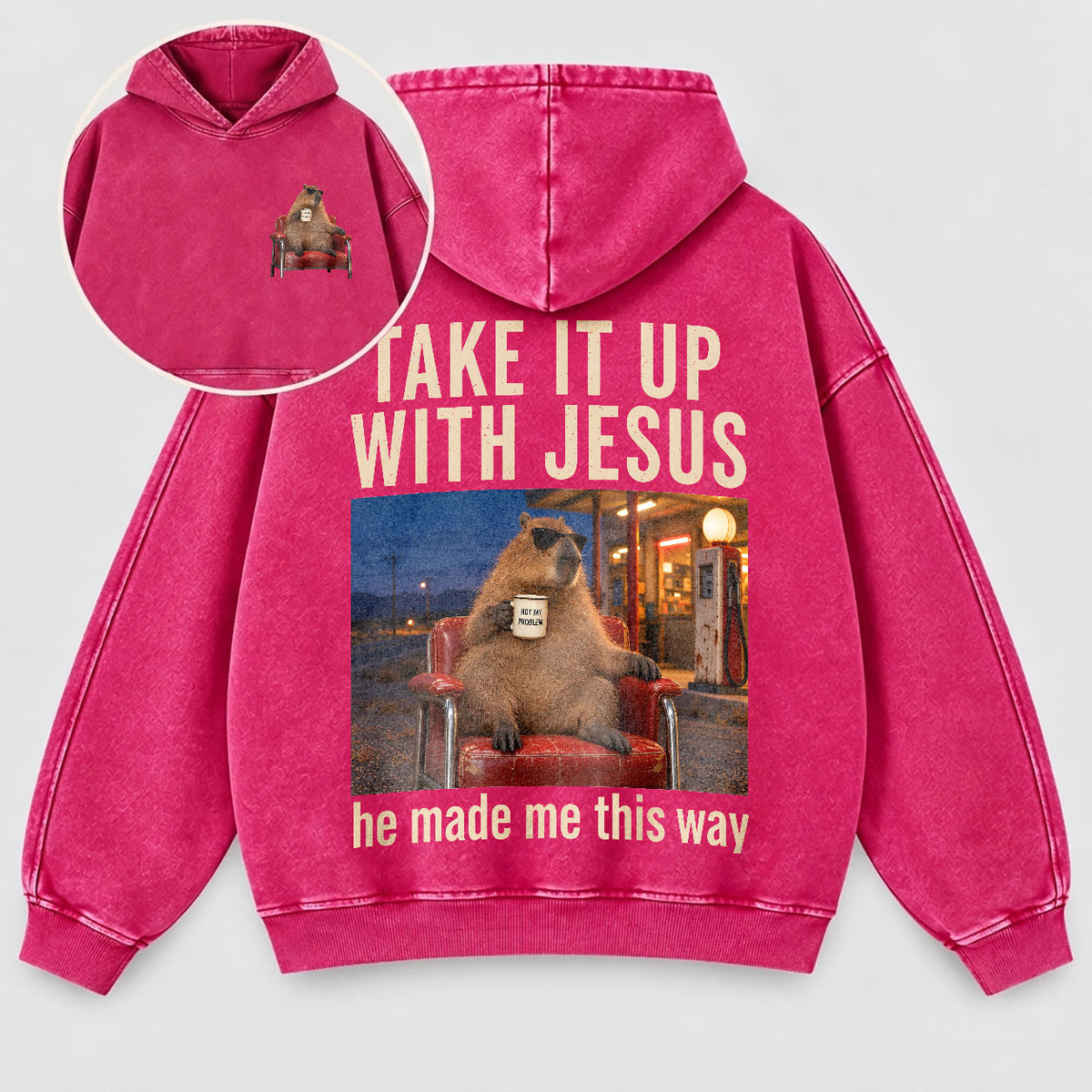 Take It Up With Jesus Hoodie – Funny Capybara Christian Washed Hoodie