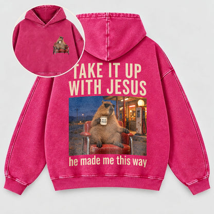 Take It Up With Jesus Hoodie – Funny Capybara Christian Washed Hoodie