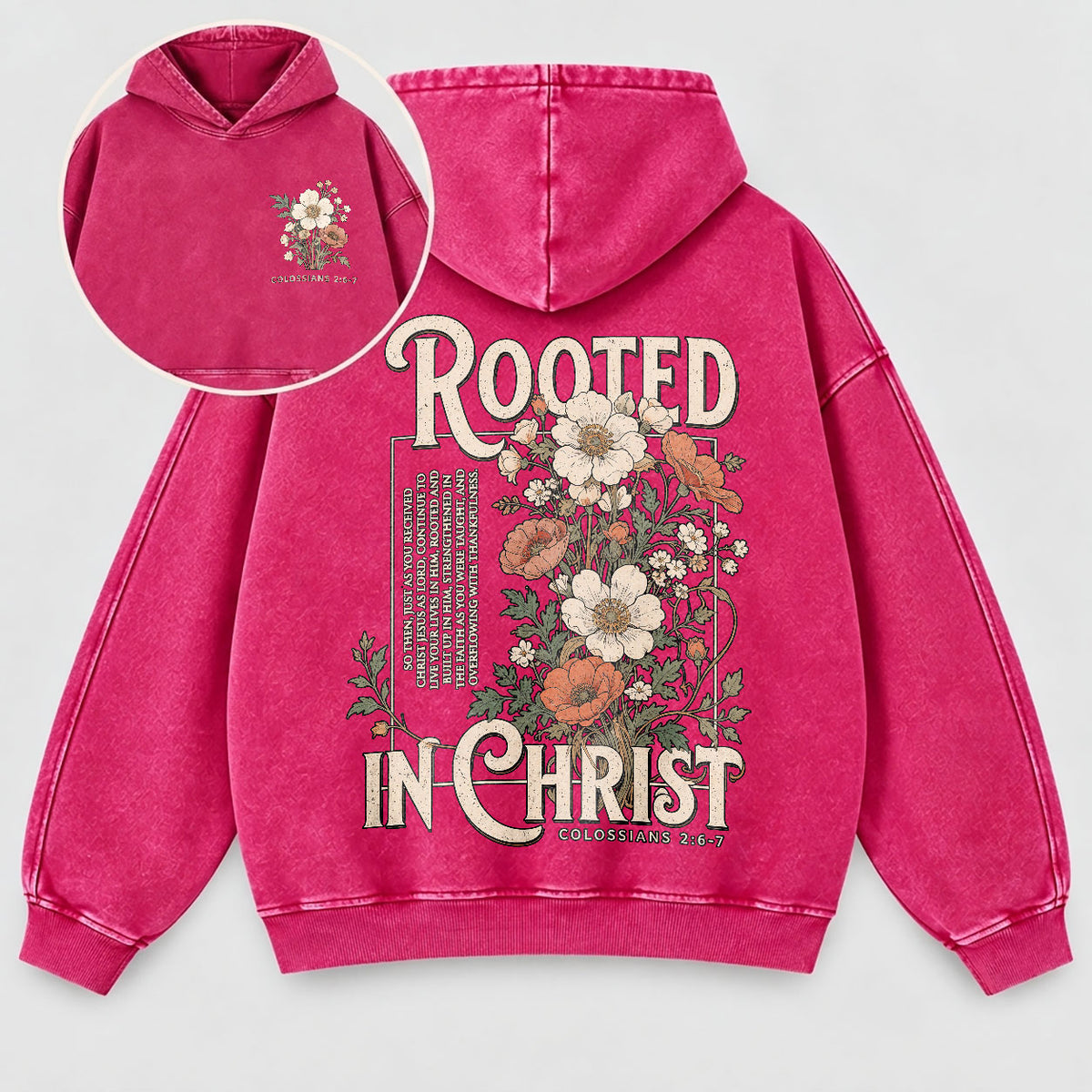 Rooted in Christ Washed Hoodie – Vintage Floral Bible Verse Christian Hoodie