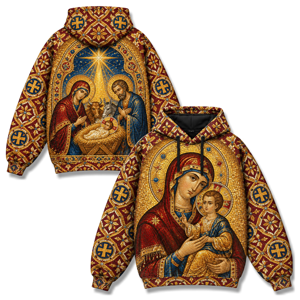 Byzantine Madonna and Child Christian 3D Hoodie – Gold Icon Nativity