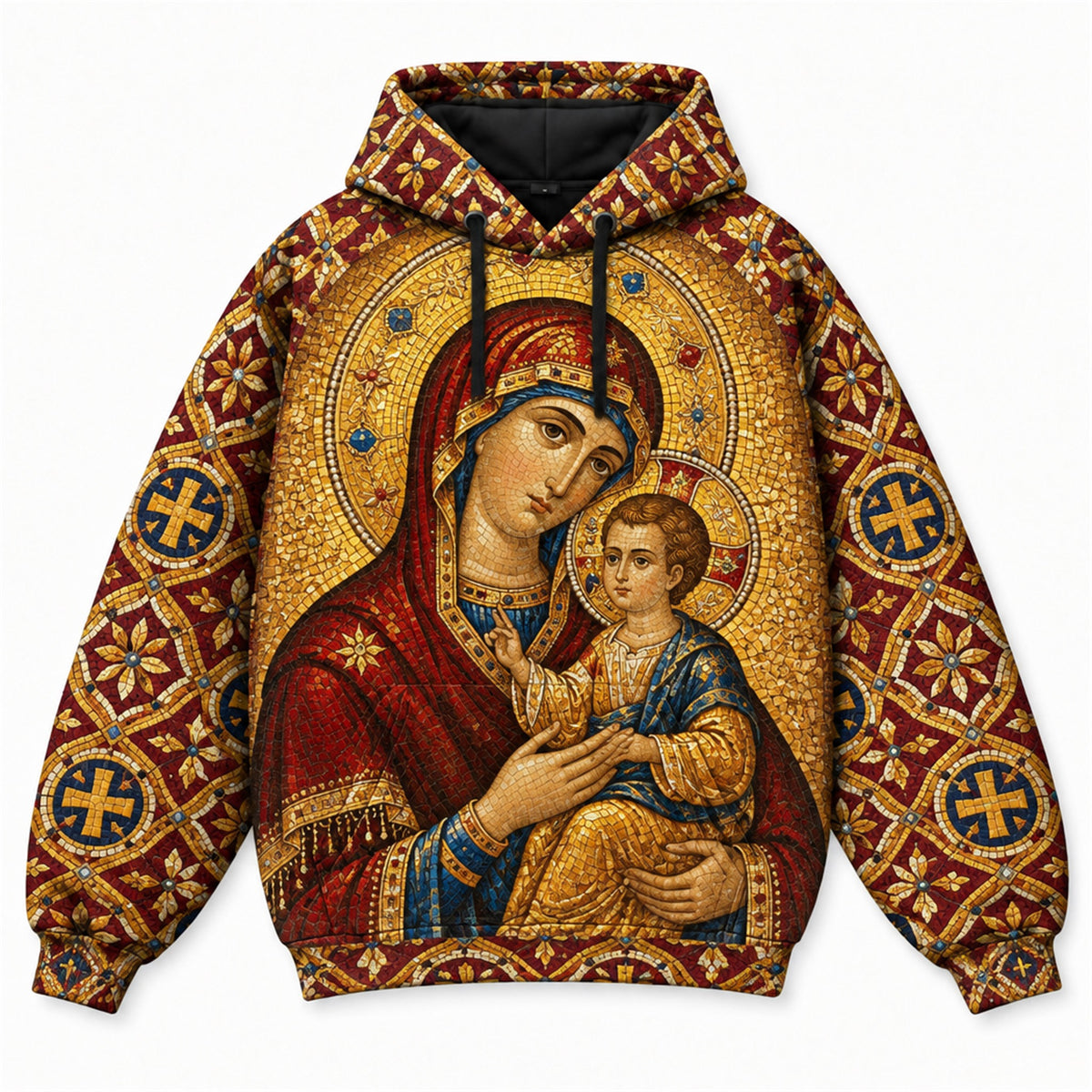 Byzantine Madonna and Child Christian 3D Hoodie – Gold Icon Nativity