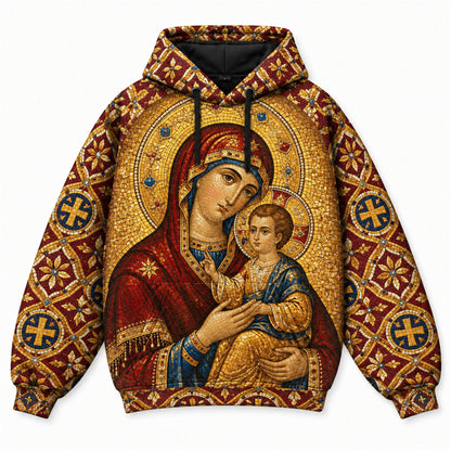 Byzantine Madonna and Child Christian 3D Hoodie – Gold Icon Nativity