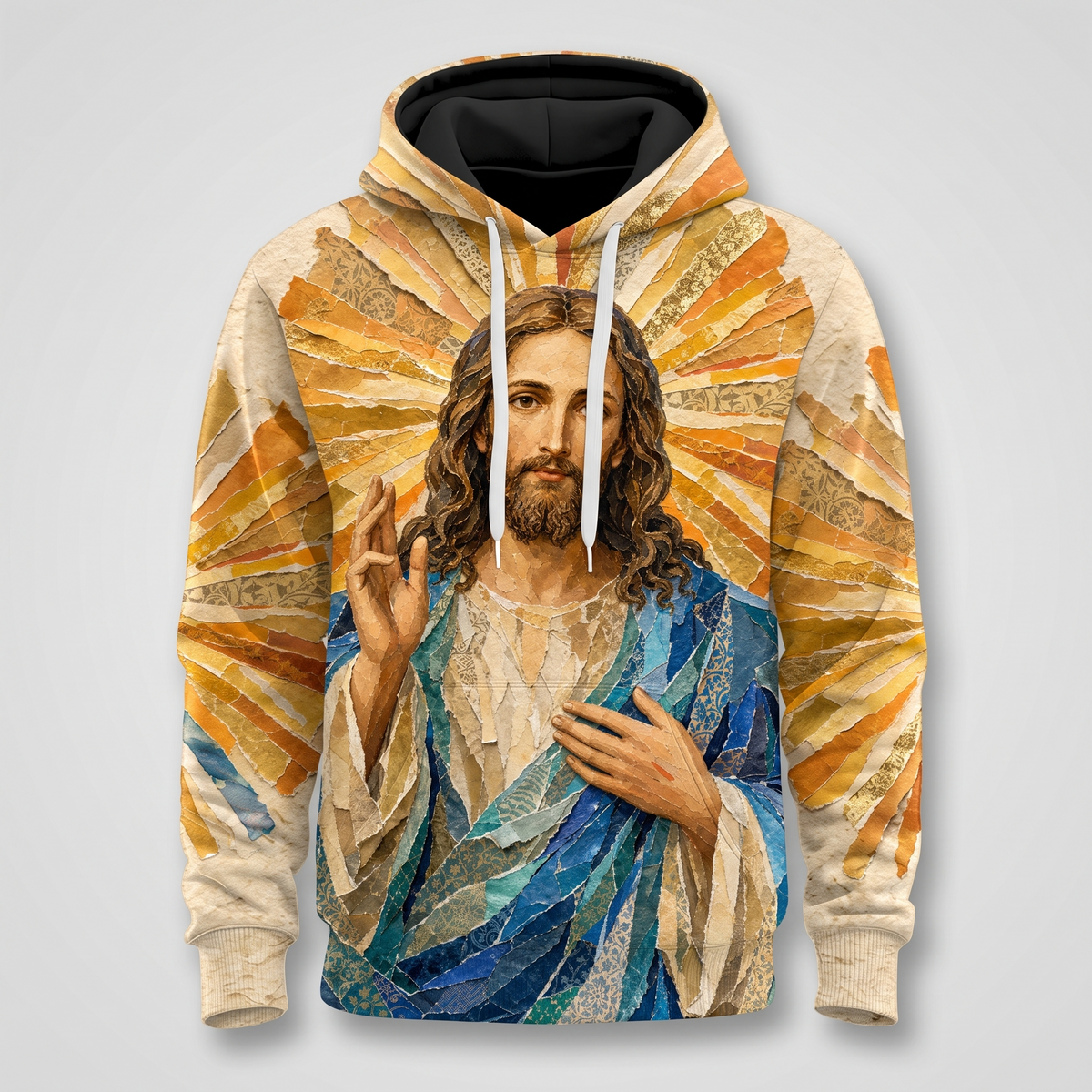 Jesus Christ Blessing Christian 3D Hoodie – Golden Cross Design