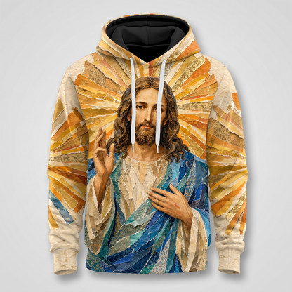 Jesus Christ Blessing Christian 3D Hoodie – Golden Cross Design