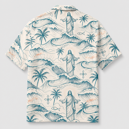 Christian Hawaiian Shirt – Jesus On The Waves Coastal Faith Aloha Shirt for Men