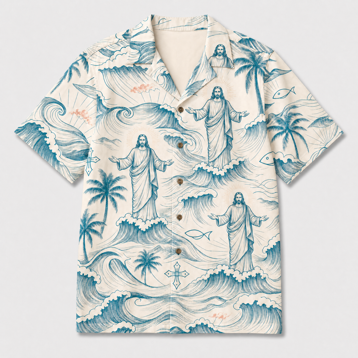 Christian Hawaiian Shirt – Jesus On The Waves Coastal Faith Aloha Shirt for Men