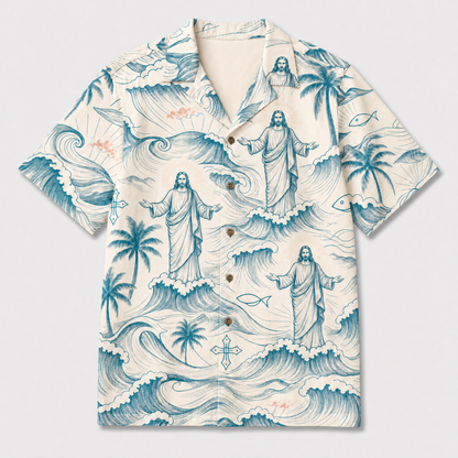 Christian Hawaiian Shirt – Jesus On The Waves Coastal Faith Aloha Shirt for Men