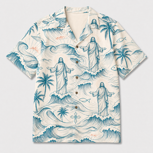 Christian Hawaiian Shirt – Jesus On The Waves Coastal Faith Aloha Shirt for Men