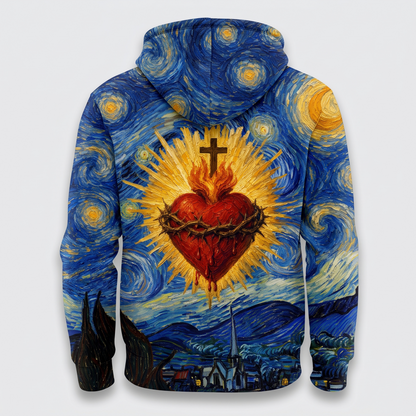 Sacred Heart of Jesus Van Gogh Starry Night - All-Over Print Hoodie