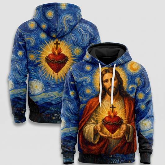 Sacred Heart of Jesus Van Gogh Starry Night - All-Over Print Hoodie