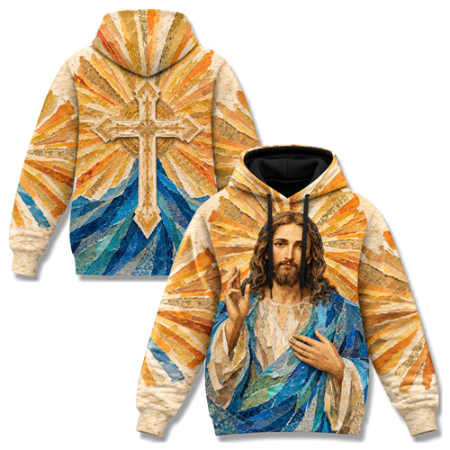 Jesus Christ Blessing Christian 3D Hoodie – Golden Cross Design