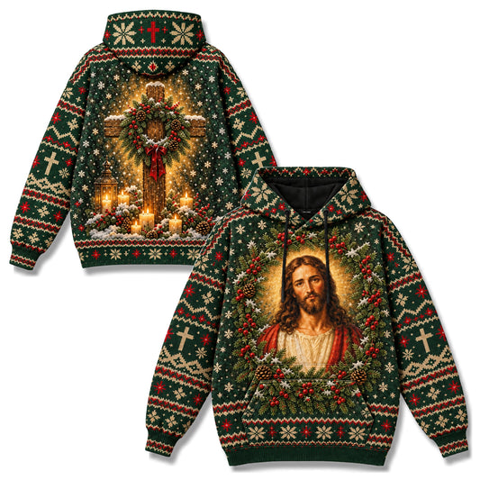 Jesus Ugly Christmas Sweater Christian 3D Hoodie – Cross & Wreath